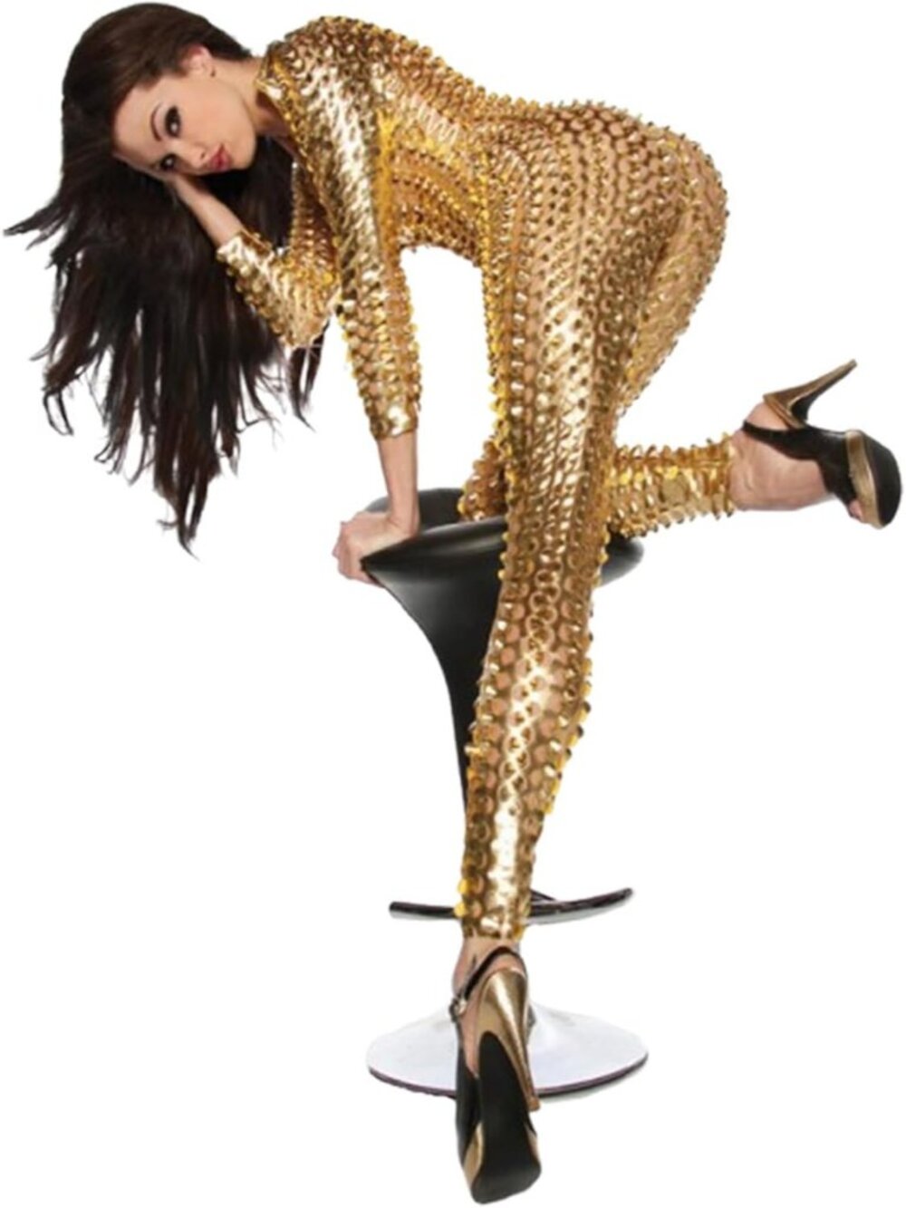 Women's Yellow Metallic ZIP Front Catsuit Long Sleeve Bodysuit Rave Costume